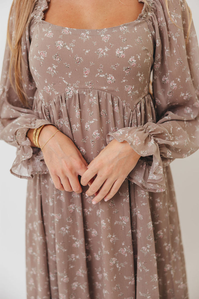 Amy Floral Long Sleeve Maxi Dress in Mocha Multi - Bump Friendly