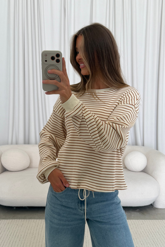 Angela Striped Long Sleeve Knit Top in Cream/Brown