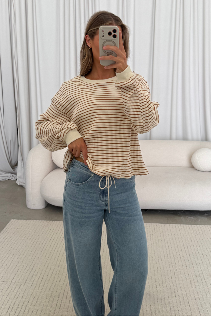 Angela Striped Long Sleeve Knit Top in Cream/Brown