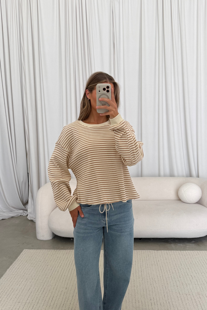 Angela Striped Long Sleeve Knit Top in Cream/Brown