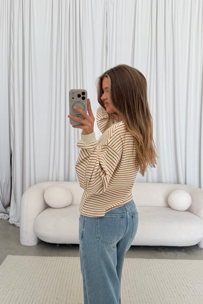 Angela Striped Long Sleeve Knit Top in Cream/Brown