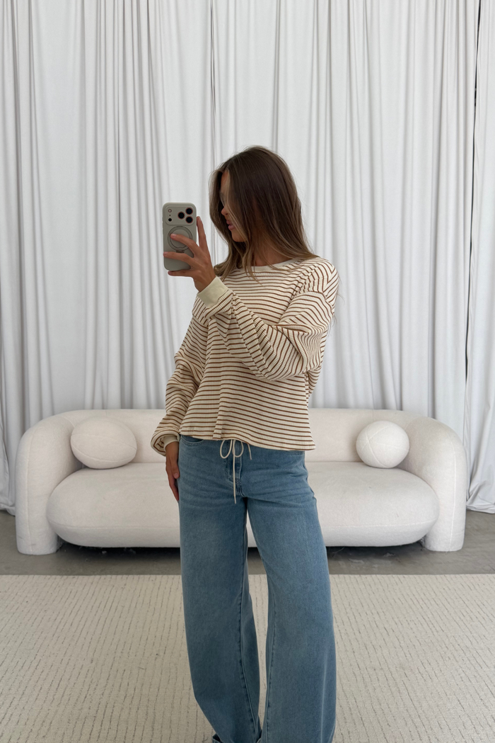 Angela Striped Long Sleeve Knit Top in Cream/Brown