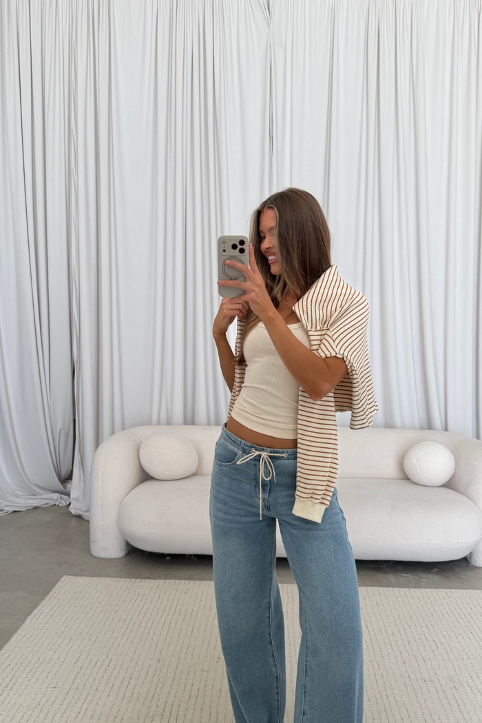 Angela Striped Long Sleeve Knit Top in Cream/Brown