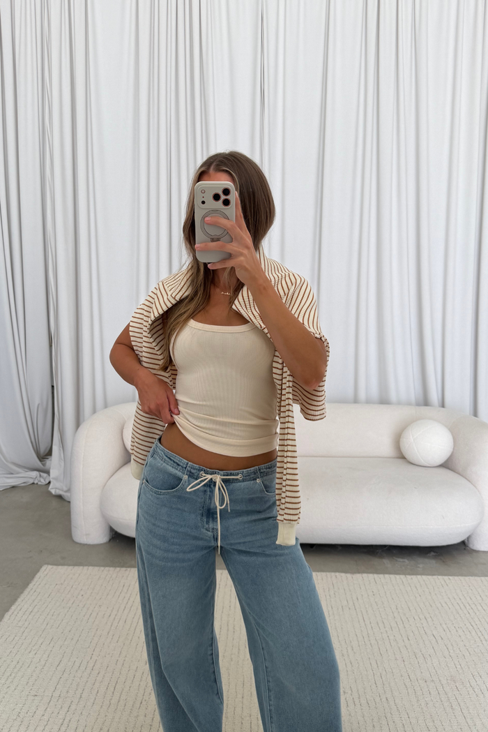 Angela Striped Long Sleeve Knit Top in Cream/Brown
