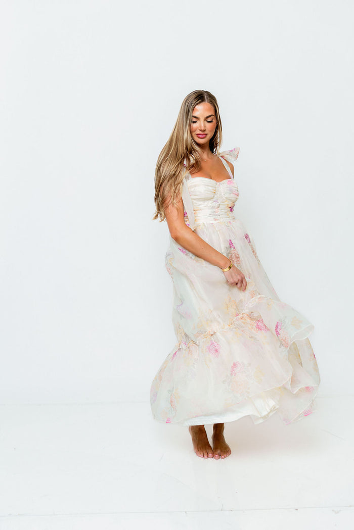 Angelica Floral Midi Dress in Cream