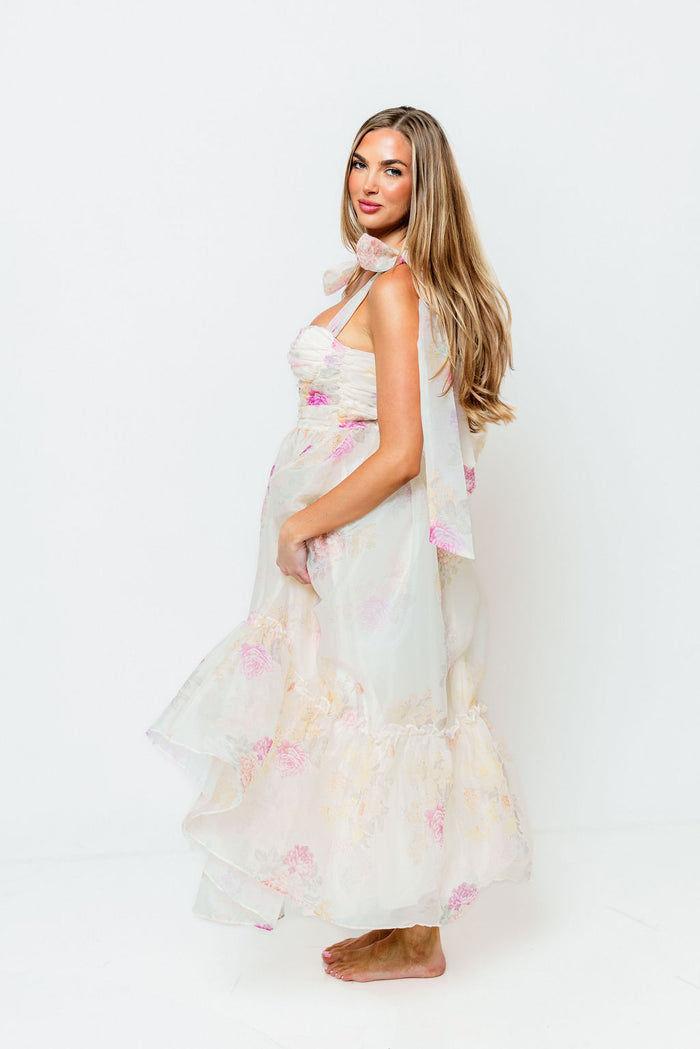 Angelica Floral Midi Dress in Cream