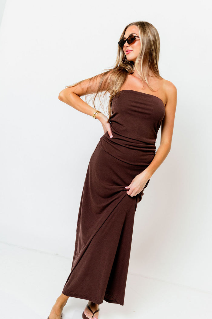Anika Strapless Maxi Dress in Chocolate