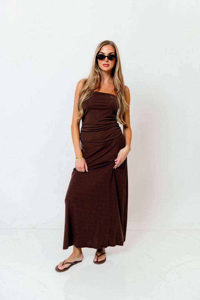 Anika Strapless Maxi Dress in Chocolate