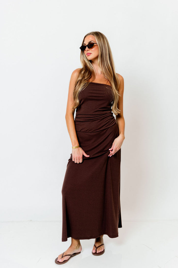 Anika Strapless Maxi Dress in Chocolate