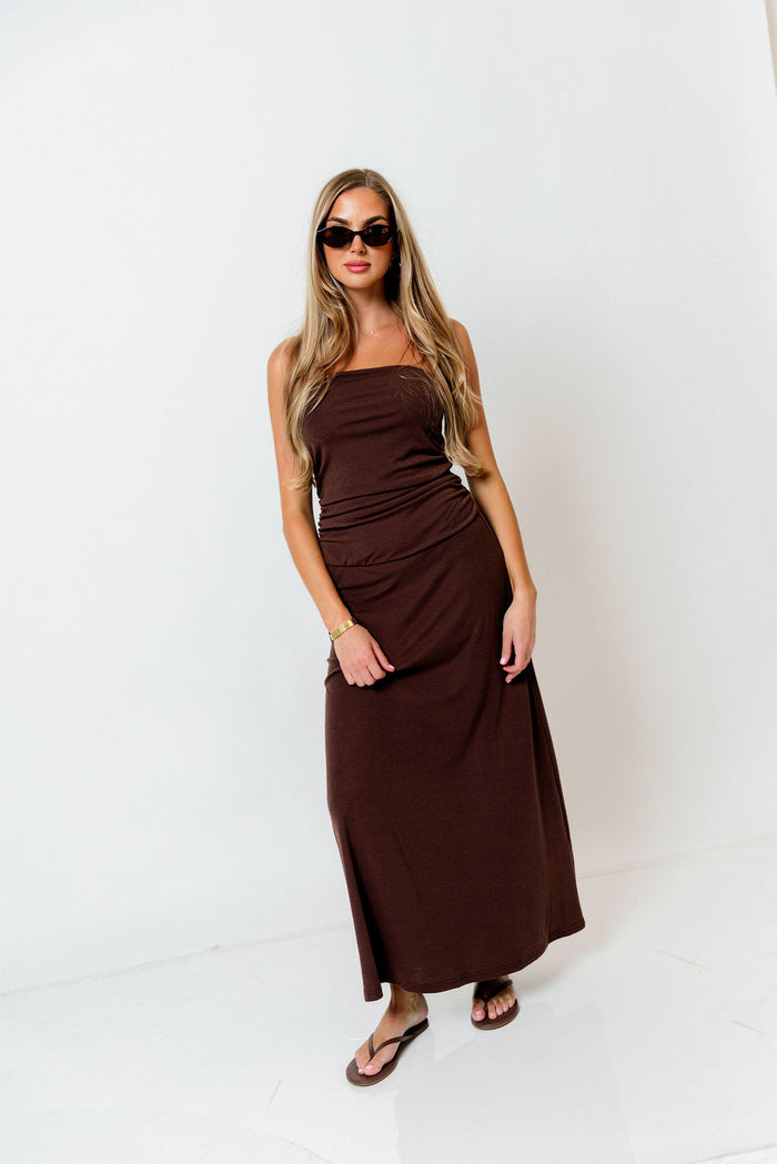 Anika Strapless Maxi Dress in Chocolate