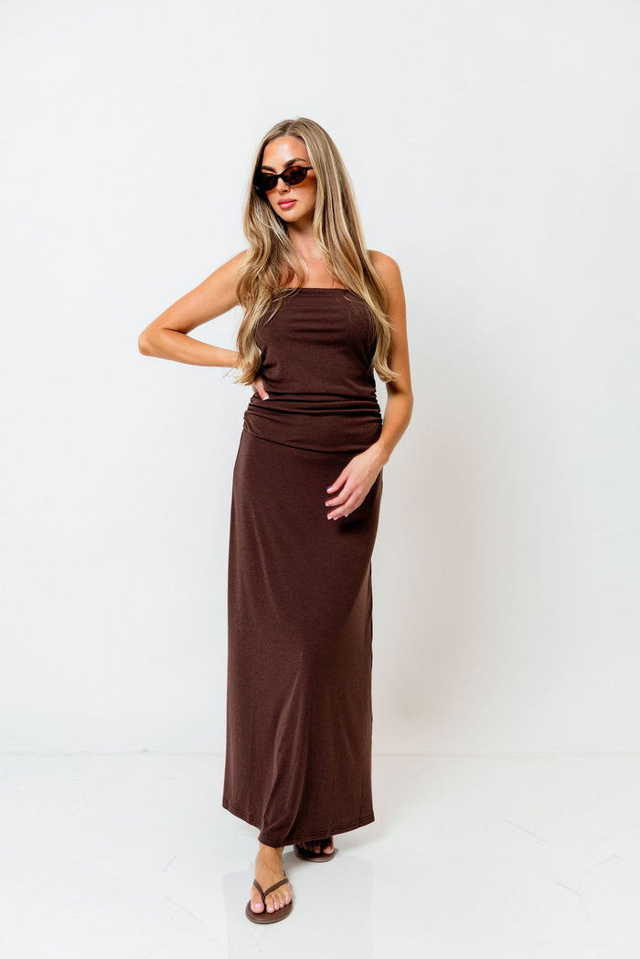 Anika Strapless Maxi Dress in Chocolate