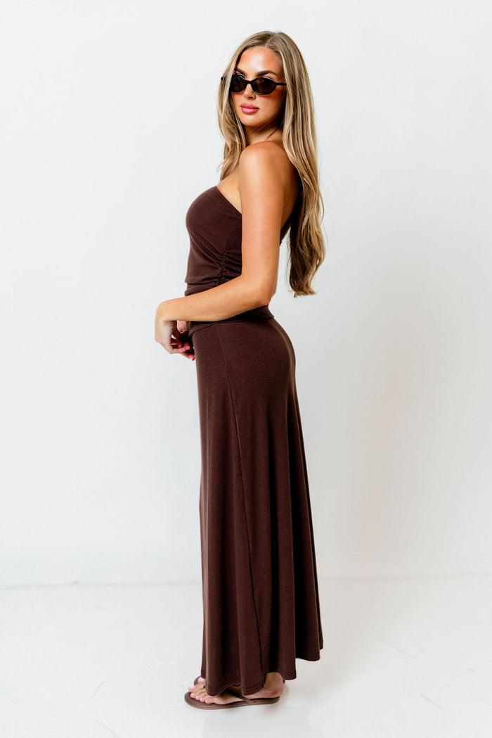 Anika Strapless Maxi Dress in Chocolate