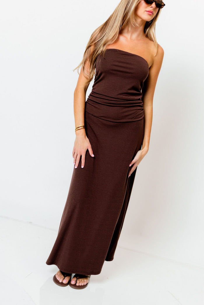 Anika Strapless Maxi Dress in Chocolate