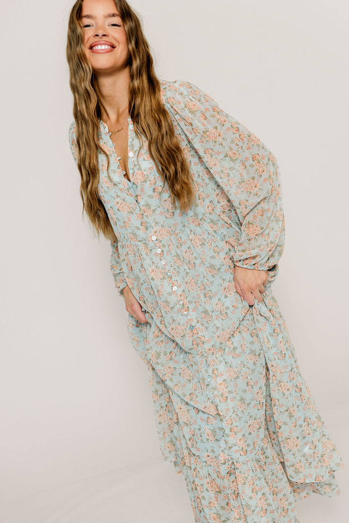 Anna Floral Button-Down Maxi Dress in Light Blue - Bump Friendly