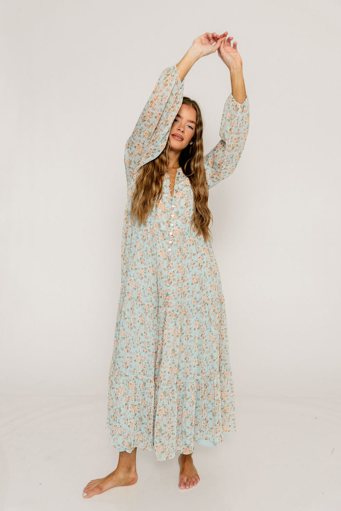 Anna Floral Button-Down Maxi Dress in Light Blue - Bump Friendly