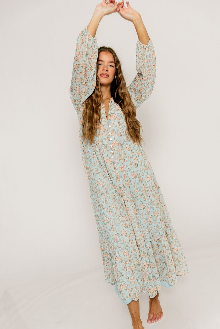 Anna Floral Button-Down Maxi Dress in Light Blue - Bump Friendly