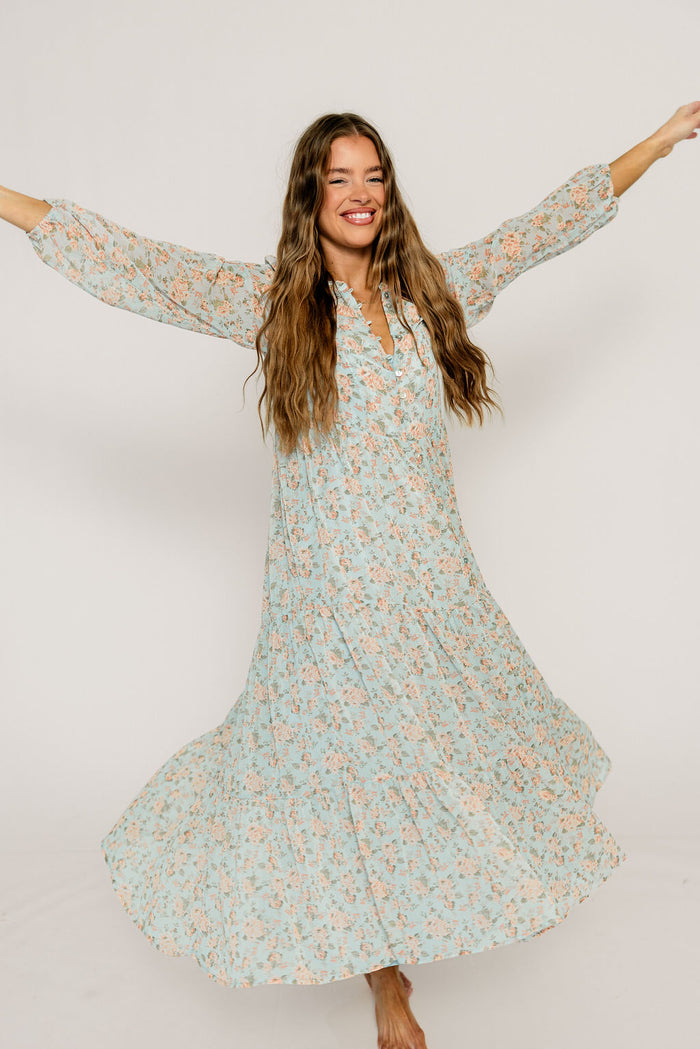 Anna Floral Button-Down Maxi Dress in Light Blue - Bump Friendly