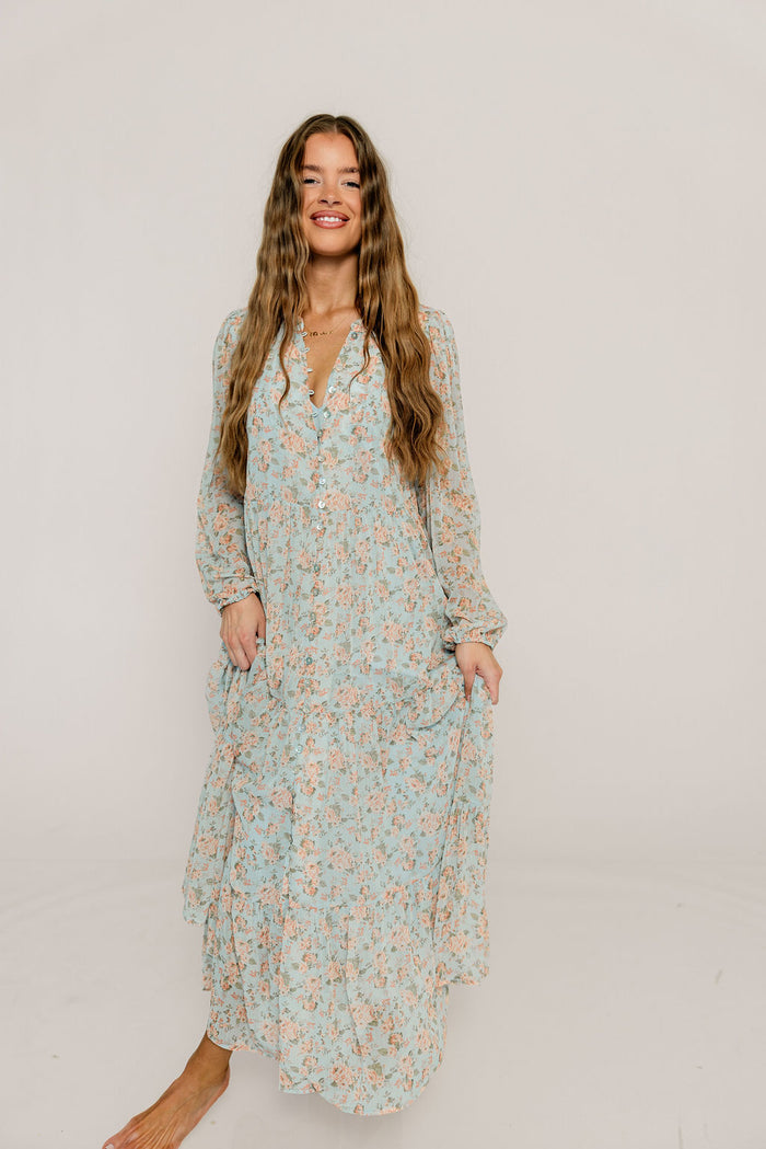 Anna Floral Button-Down Maxi Dress in Light Blue - Bump Friendly