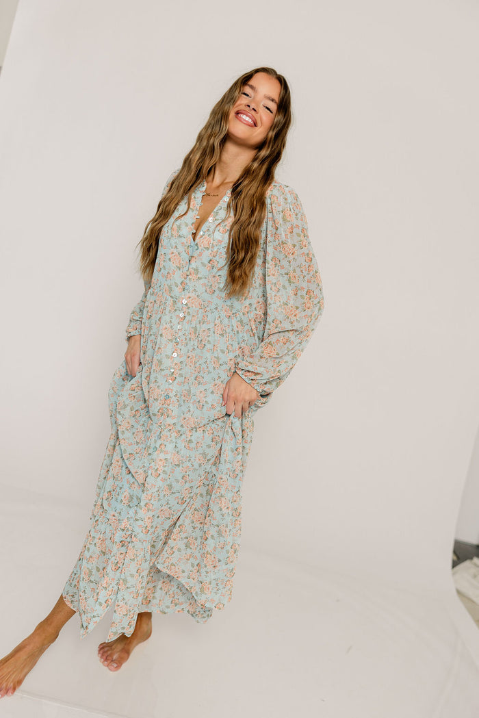 Anna Floral Button-Down Maxi Dress in Light Blue - Bump Friendly