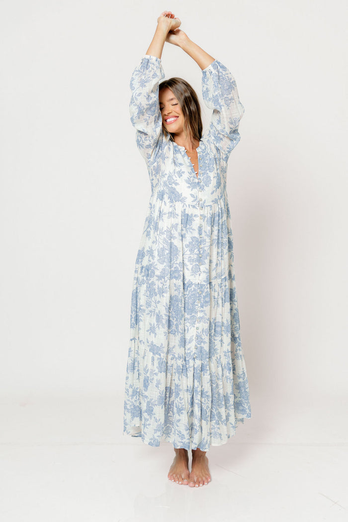 Anna Floral Button-Down Maxi Dress with Detachable Liner in Ivory/Blue - Bump Friendly