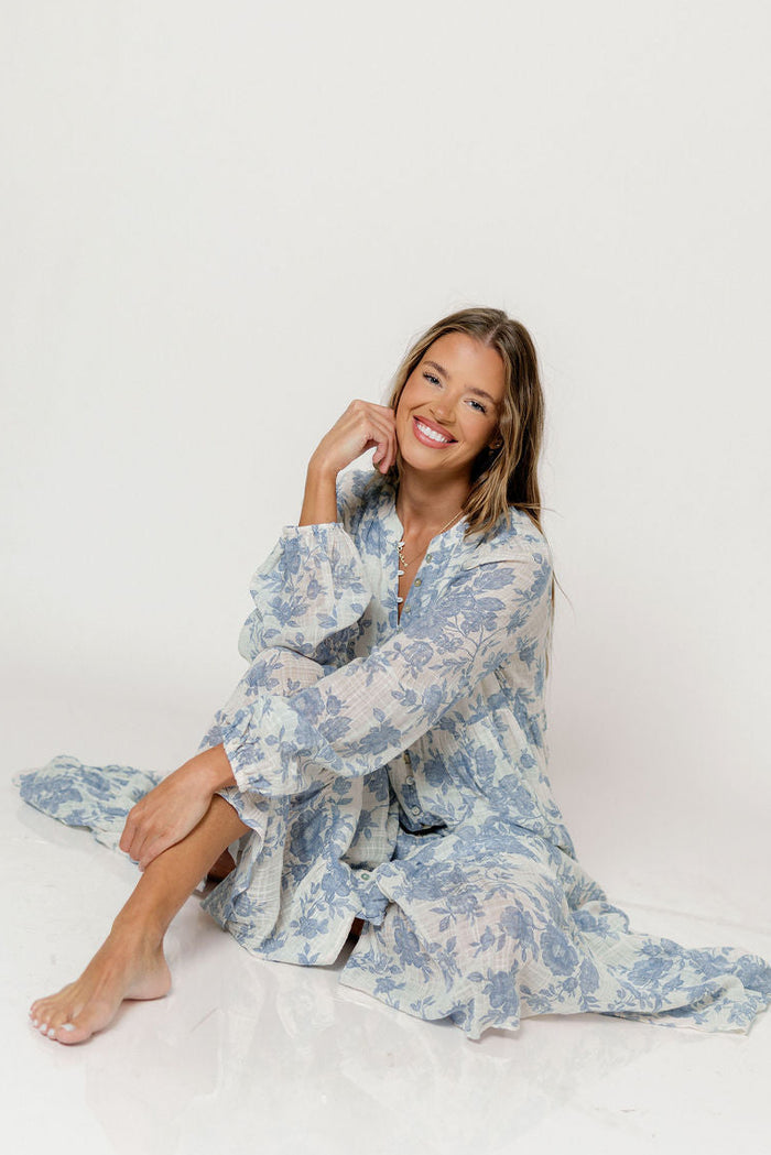 Anna Floral Button-Down Maxi Dress with Detachable Liner in Ivory/Blue - Bump Friendly