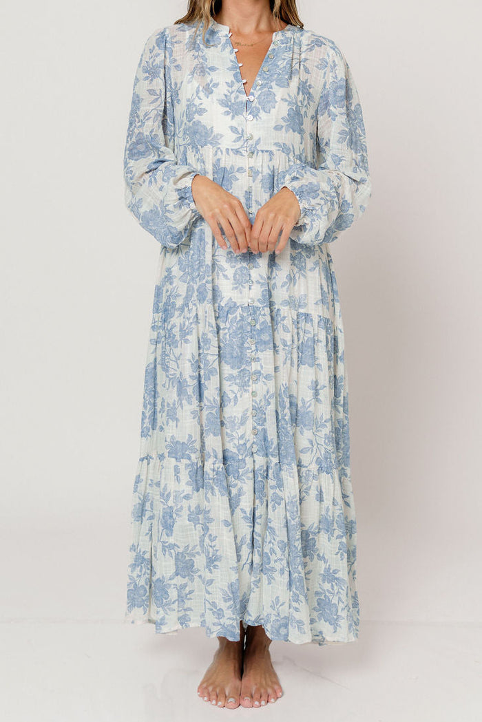 Anna Floral Button-Down Maxi Dress with Detachable Liner in Ivory/Blue - Bump Friendly