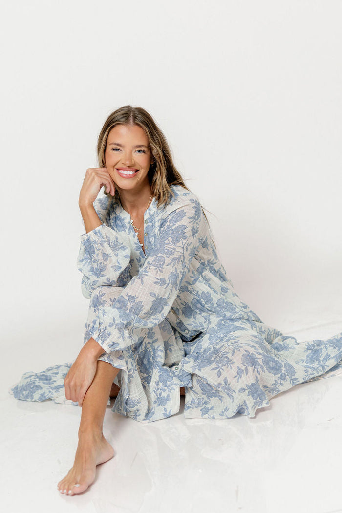 Anna Floral Button-Down Maxi Dress with Detachable Liner in Ivory/Blue - Bump Friendly