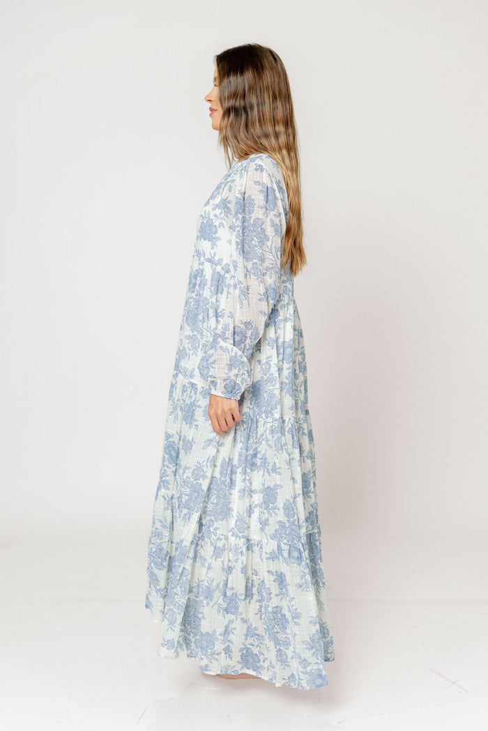 Anna Floral Button-Down Maxi Dress with Detachable Liner in Ivory/Blue - Bump Friendly