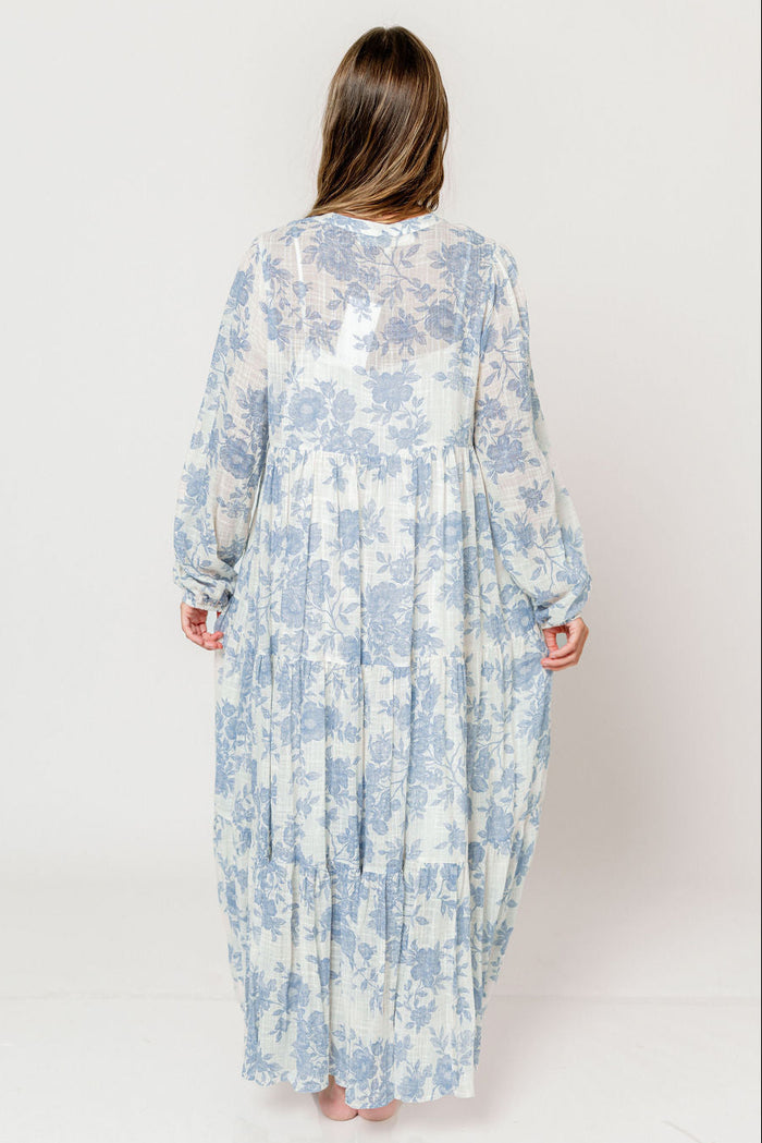 Anna Floral Button-Down Maxi Dress with Detachable Liner in Ivory/Blue - Bump Friendly