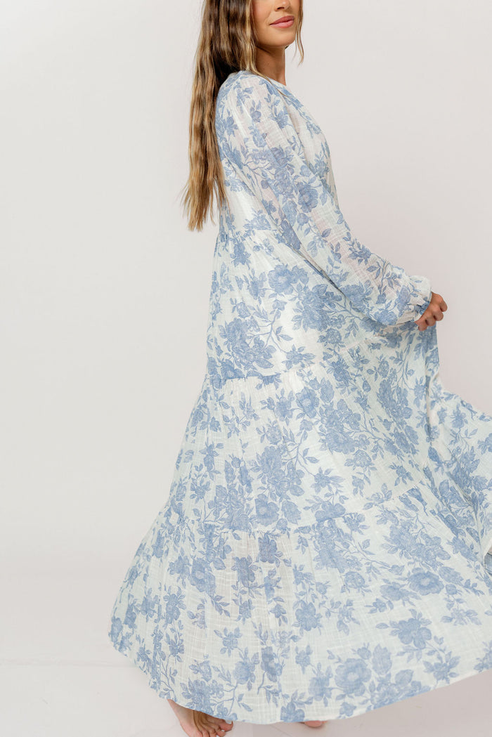 Anna Floral Button-Down Maxi Dress with Detachable Liner in Ivory/Blue - Bump Friendly