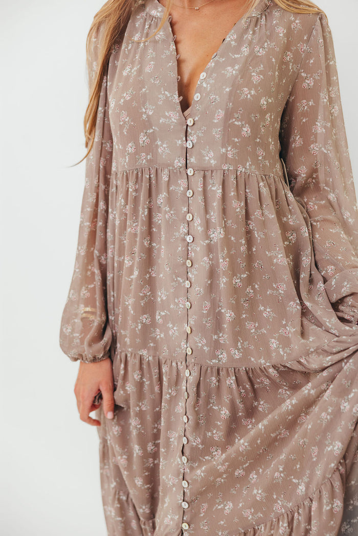 Anna Floral Print Button Front Duster Maxi W/Slip in Mocha Multi - Bump Friendly