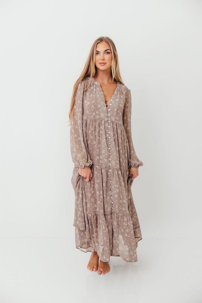 Anna Floral Print Button Front Duster Maxi W/Slip in Mocha Multi - Bump Friendly