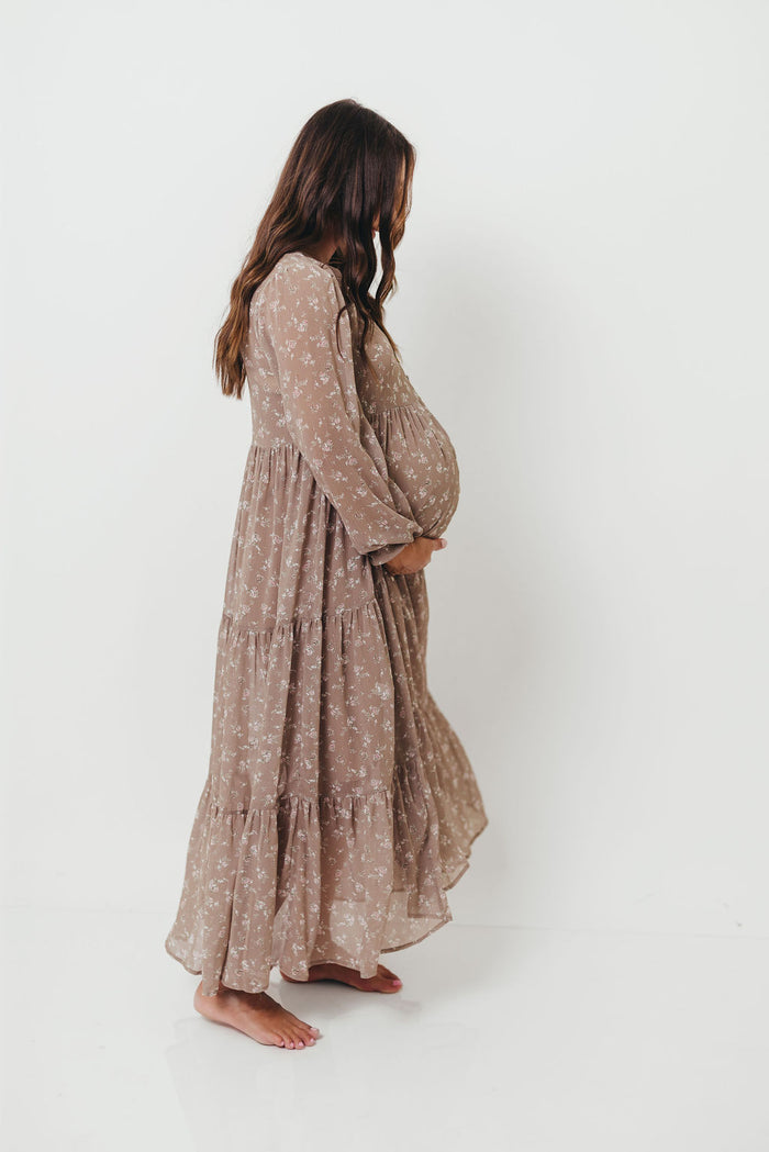 Anna Floral Print Button Front Duster Maxi W/Slip in Mocha Multi - Bump Friendly