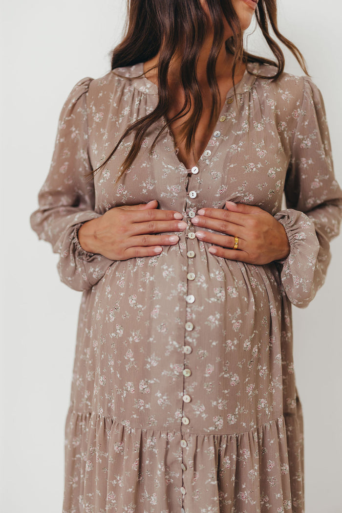 Anna Floral Print Button Front Duster Maxi W/Slip in Mocha Multi - Bump Friendly