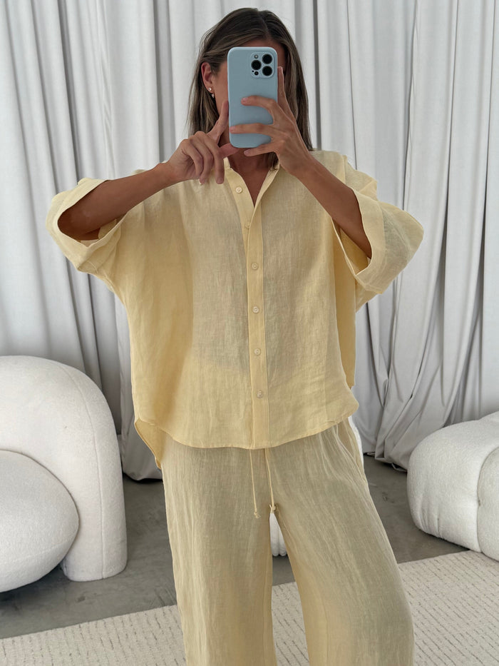 Anne 100% Linen Button Down Shirt in Creamy Yellow