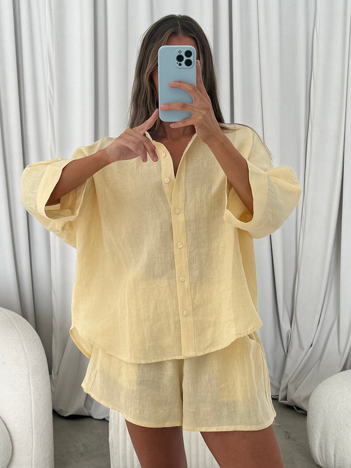 Anne 100% Linen Button Down Shirt in Creamy Yellow