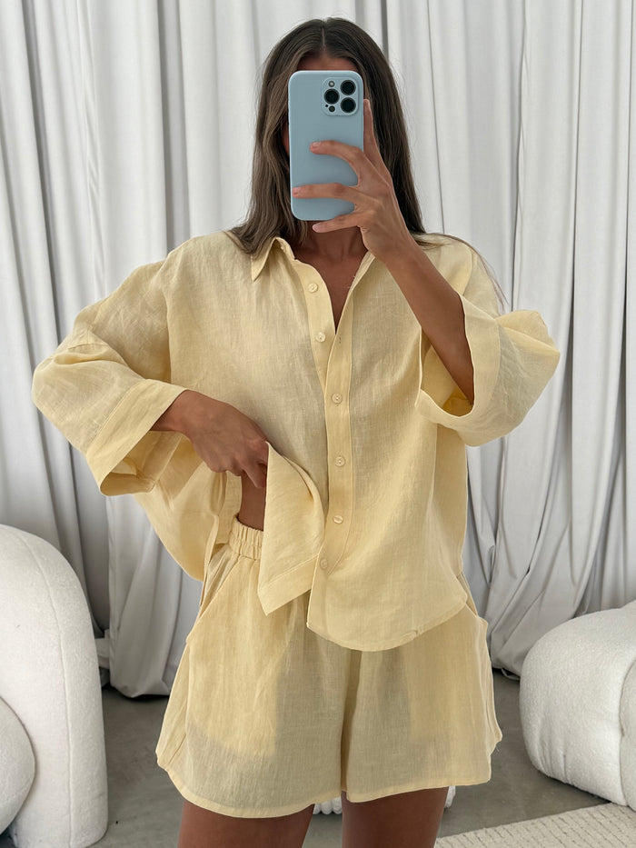 Anne 100% Linen Button Down Shirt in Creamy Yellow