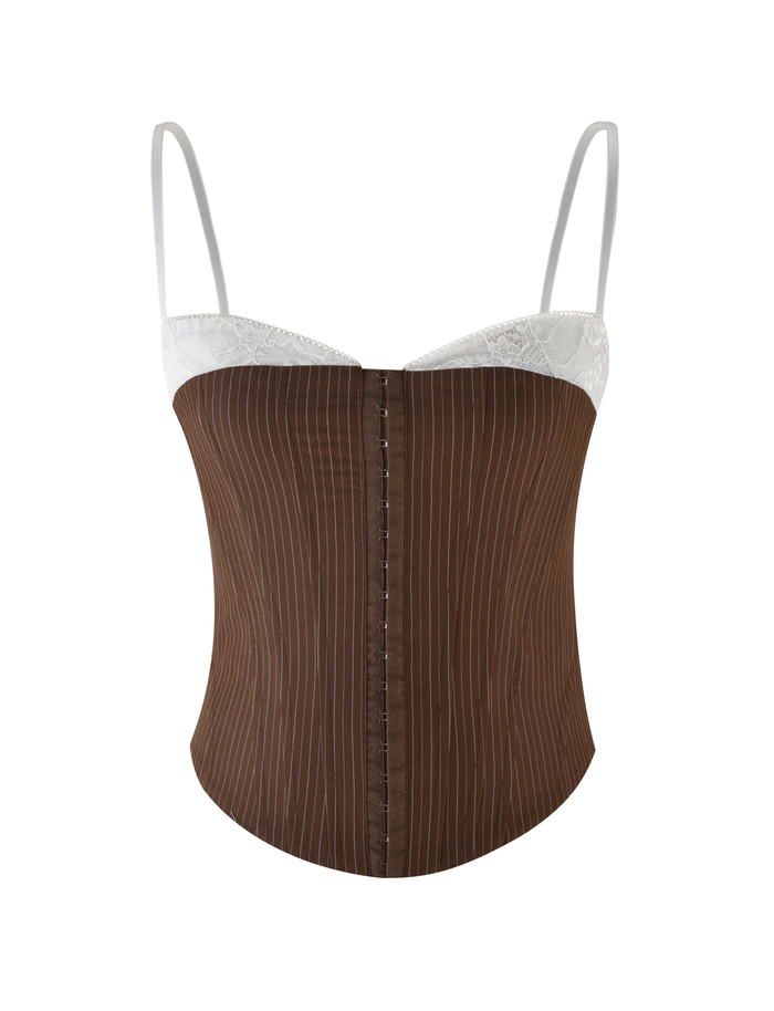 The TIGERMIST ANTONELLA CORSET 2.0 in chocolate pinstripe features suiting fabric, adjustable white straps, and a delicate white lace neckline trim, shown against a white background.