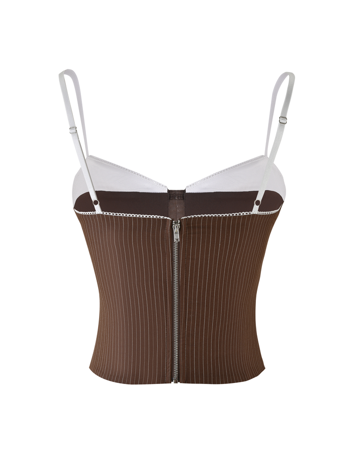 The ANTONELLA CORSET 2.0 by TIGERMIST features a chocolate brown pinstripe suiting fabric, white adjustable straps and upper trim, plus a silver front zipper for a structured, tailored fit.