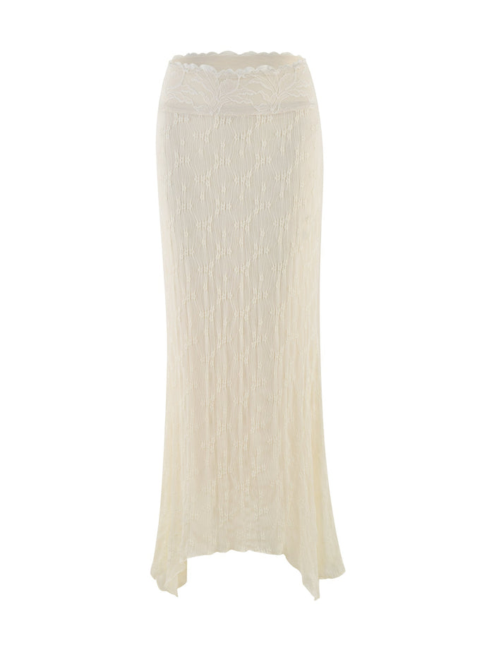 The ANTONELLA MIDI SKIRT - WHITE : LACE : CREAM by TIGERMIST is a cream lace midi skirt with a scalloped waistband, subtle floral pattern, semi-sheer stretch fabric, and gentle flare at the hem.
