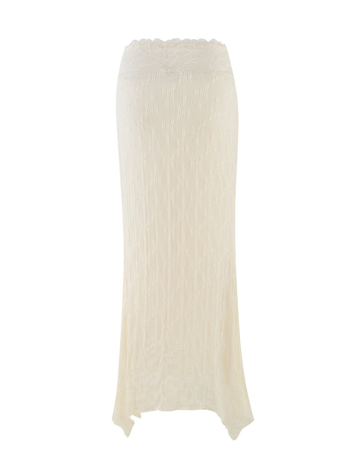 The TIGERMIST ANTONELLA MIDI SKIRT features cream stretch lace with a scalloped hem and subtle texture, shown on a plain white background.