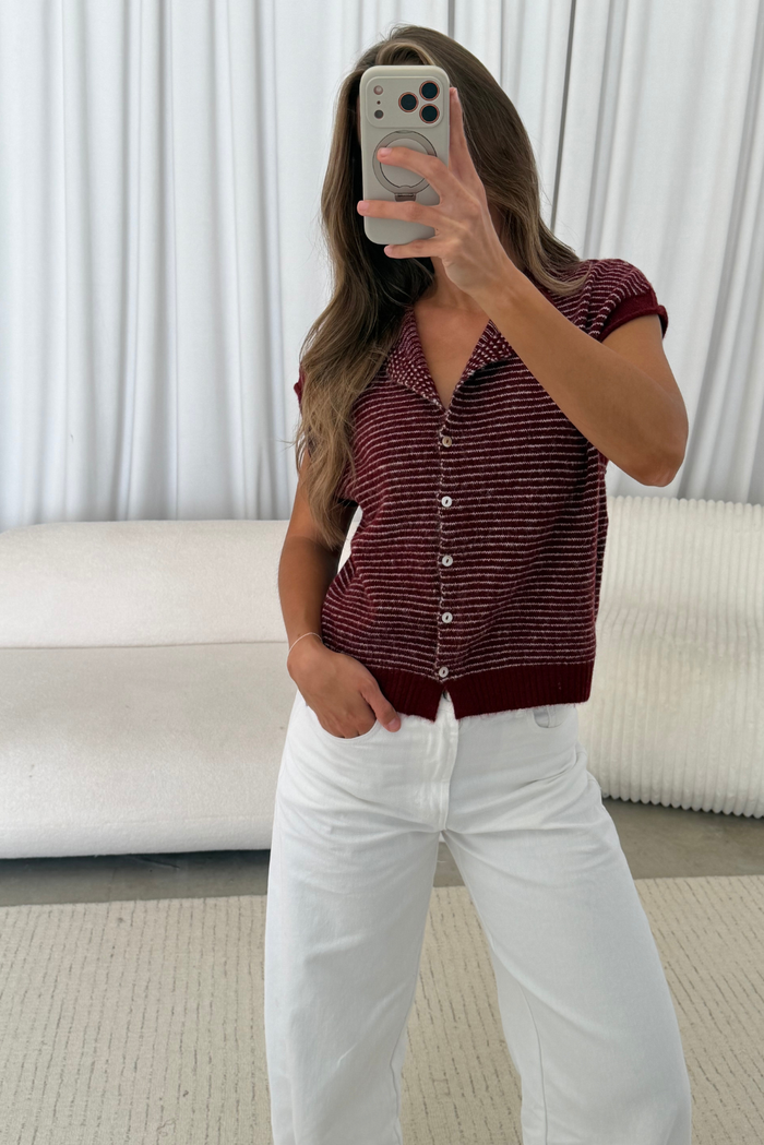 Arely Striped Sweater Vest Cardigan in Wine