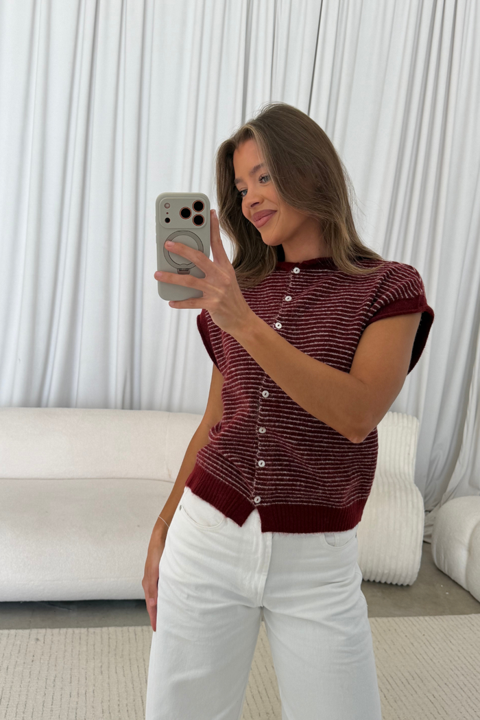 Arely Striped Sweater Vest Cardigan in Wine