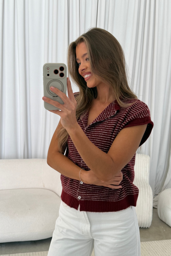 Arely Striped Sweater Vest Cardigan in Wine