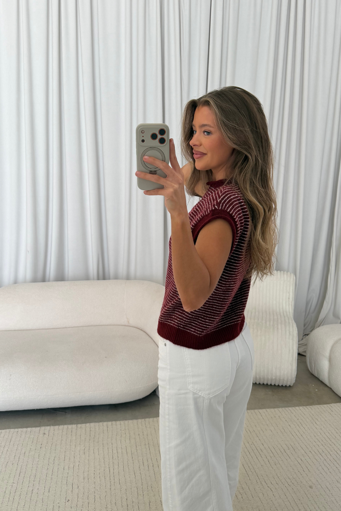 Arely Striped Sweater Vest Cardigan in Wine