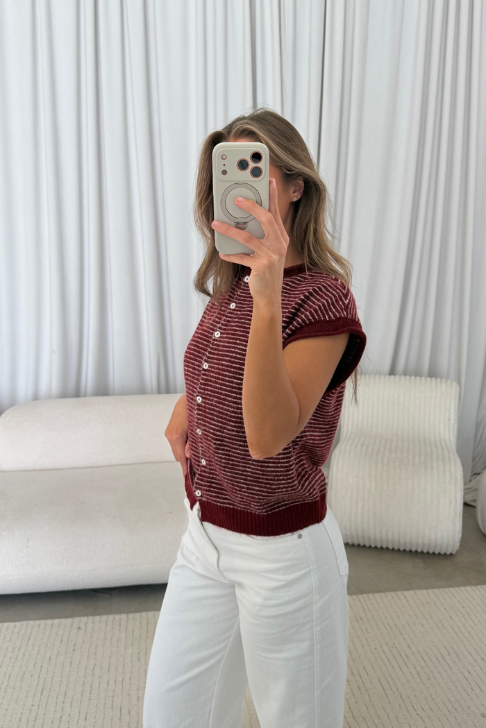Arely Striped Sweater Vest Cardigan in Wine