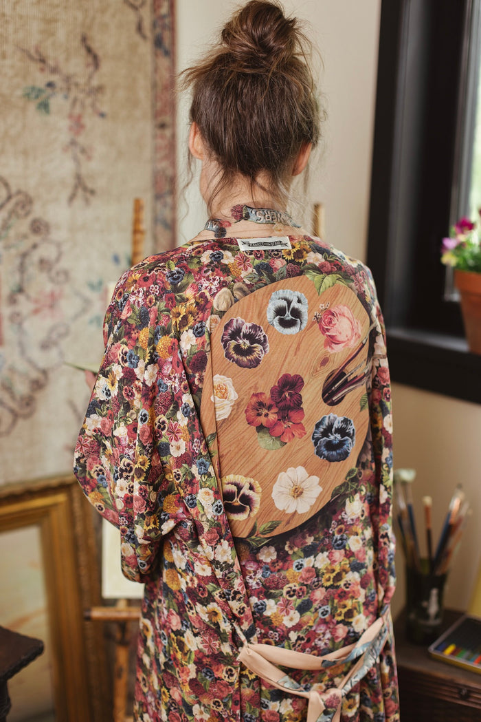 Opera-length kimono featuring an artist’s palette with over 50 antique seed catalogue flowers, inspired by Claude Monet’s love of flowers – Market of Stars