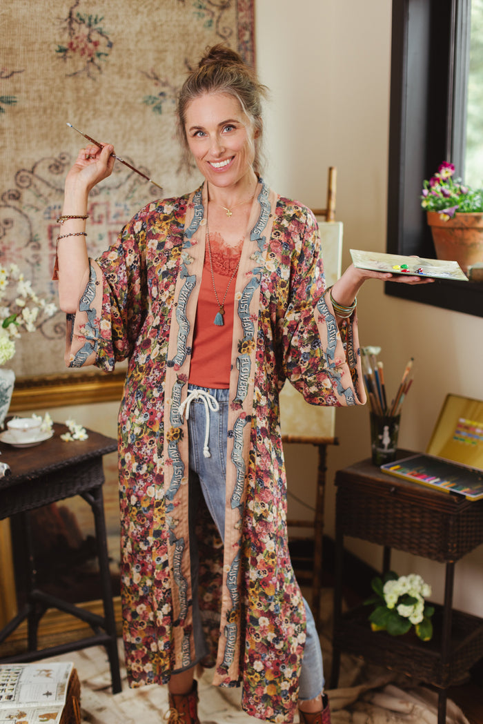 Opera-length kimono featuring an artist’s palette with over 50 antique seed catalogue flowers, inspired by Claude Monet’s love of flowers – Market of Stars