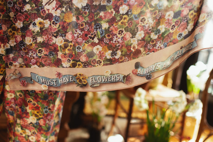 Soft viscose scarf featuring a vintage artist’s paint palette with floral details and over 50 layered blooms from 1800’s seed catalogues, inspired by Claude Monet – Market of Stars
