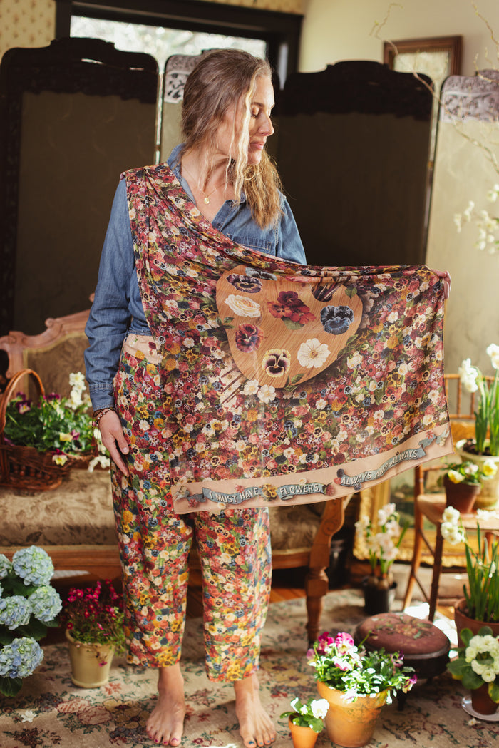 Soft viscose scarf featuring a vintage artist’s paint palette with floral details and over 50 layered blooms from 1800’s seed catalogues, inspired by Claude Monet – Market of Stars